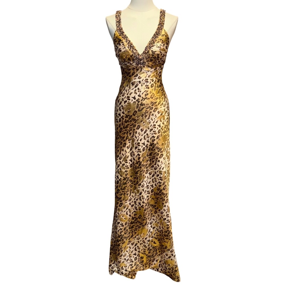 Cache Maxi Dress Womens 2 Gold Leopard Good Beaded Open Back Ruched V-Neck